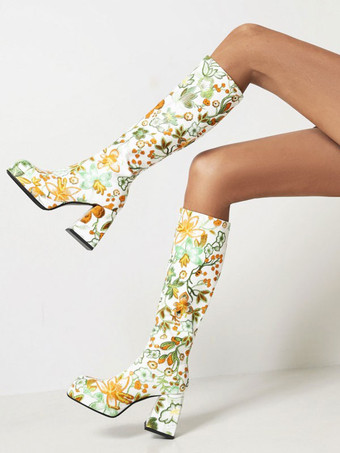Женские сапоги до колена с цветочным принтом на блочном каблуке и платформе