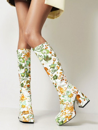 レディース フラワープリント ゴーゴーブーツ ブロックヒール プラットフォーム ニーハイブーツ