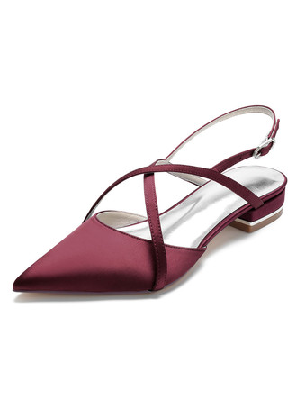 バーガンディー女性のブライダルシューズラインストーンサテンポインテッドトゥフラットブライダルシューズ