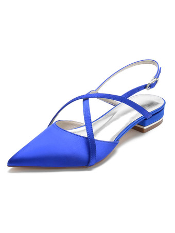 ロイヤルブルー女性のブライダルシューズラインストーンサテンポインテッドトゥフラットブライダルシューズ