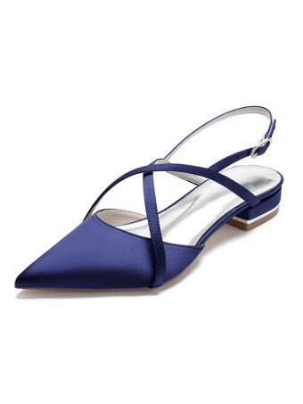 ディープブルー女性のブライダルシューズラインストーンサテンポインテッドトゥフラットブライダルシューズ