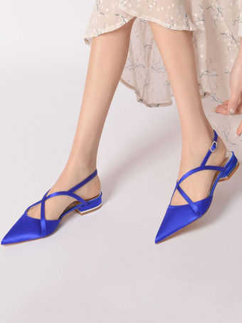 女性のブライダルシューズラインストーンサテンポインテッドトゥフラットブライダルシューズ