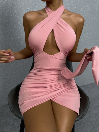 Club Dress Straps Neck Sexy Sleeveless Pink Sexy Dress