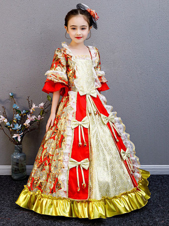 レッド ポリエステルファイバーティーパーティーボウ3/4レングススリーブポリエステルフォールドレスフローラルプリントゴシックキッズロリータドレス