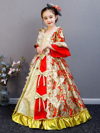 ポリエステルファイバーティーパーティーボウ3/4レングススリーブポリエステルフォールドレスフローラルプリントゴシックキッズロリータドレス