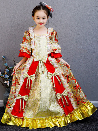 ポリエステルファイバーティーパーティーボウ3/4レングススリーブポリエステルフォールドレスフローラルプリントゴシックキッズロリータドレス