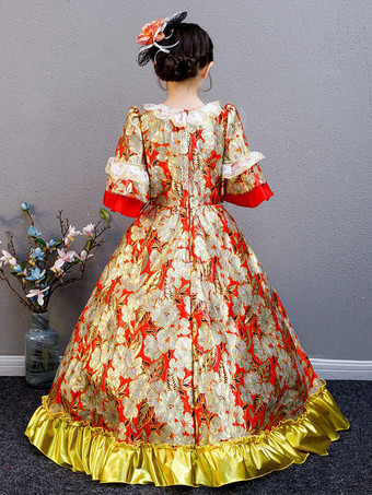 ポリエステルファイバーティーパーティーボウ3/4レングススリーブポリエステルフォールドレスフローラルプリントゴシックキッズロリータドレス