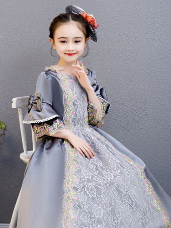 ポリエステルファイバーティーパーティードレープ3/4レングススリーブポリエステルサマードレスフローラルプリントグレーキッズロリータドレス