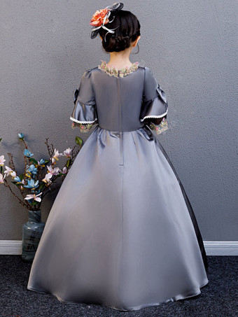 ポリエステルファイバーティーパーティードレープ3/4レングススリーブポリエステルサマードレスフローラルプリントグレーキッズロリータドレス