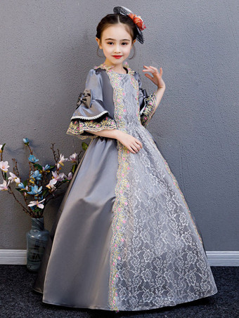 ポリエステルファイバーティーパーティードレープ3/4レングススリーブポリエステルサマードレスフローラルプリントグレーキッズロリータドレス