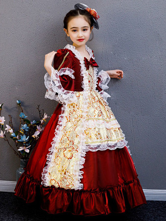 ポリエステルファイバーティーパーティードレープ3/4レングススリーブポリエステルサマードレスフローラルプリントブルゴーニュキッズロリータドレス