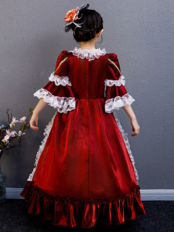 ポリエステルファイバーティーパーティードレープ3/4レングススリーブポリエステルサマードレスフローラルプリントブルゴーニュキッズロリータドレス