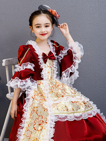 ポリエステルファイバーティーパーティードレープ3/4レングススリーブポリエステルサマードレスフローラルプリントブルゴーニュキッズロリータドレス