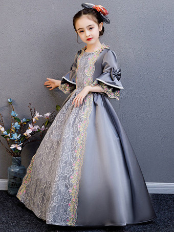 ポリエステルファイバーティーパーティードレープ3/4レングススリーブポリエステルサマードレスフローラルプリントグレーキッズロリータドレス