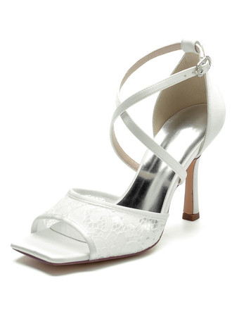 White Women's Bridal Shoes Lace Stiletto Heel Strappy Sandals