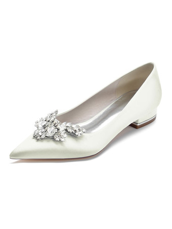 アイボリー 女性の結婚式の靴ラインストーンサテン先のとがったつま先フラットブライダルシューズ