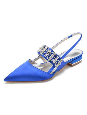 ロイヤルブルー女性のブライダルシューズラインストーンサテンポインテッドトゥフラットブライダルシューズ