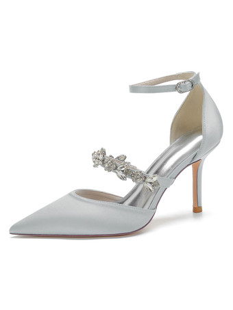 シルバー 女性のブライダルシューズラインストーンサテンポインテッドトゥスティレットヒールブライダルシューズ