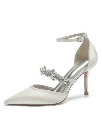 アイボリー 女性のブライダルシューズラインストーンサテンポインテッドトゥスティレットヒールブライダルシューズ