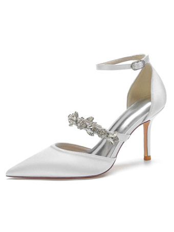 Sapatos de noiva femininos com strass bico fino acetinado sapatos de noiva com salto agulha