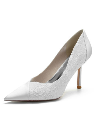 ホワイト 女性の結婚式の靴刺繍レース先のとがったつま先スティレットヒールブライダルシューズ