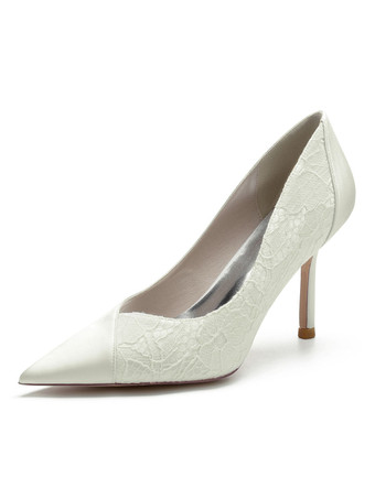 アイボリー 女性の結婚式の靴刺繍レース先のとがったつま先スティレットヒールブライダルシューズ