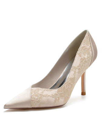 シャンパンカラー女性の結婚式の靴刺繍レース先のとがったつま先スティレットヒールブライダルシューズ