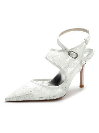 アイボリー 女性のブライダルシューズ刺繍サテンポインテッドトゥスティレットヒールブライダルシューズ