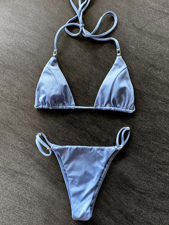 女性ビキニ水着ブルー レースアップ ストラップ ネック夏のビーチ水着