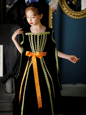 ハロウィン ポリエステル繊維ティーパーティー3/4長さスリーブポリエステルジャンプスーツロココスタイルブラックキッズロリータドレス