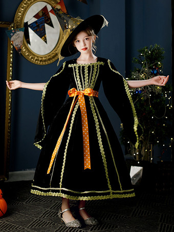 ハロウィン ポリエステル繊維ティーパーティー3/4長さスリーブポリエステルジャンプスーツロココスタイルブラックキッズロリータドレス