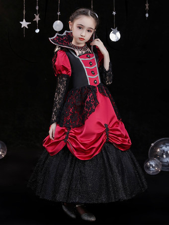 ハロウィン ポリエステル繊維ティーパーティー3/4長さスリーブポリエステルジャンプスーツゴシックレッドキッズロリータドレス