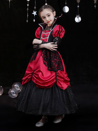 ハロウィン ポリエステル繊維ティーパーティー3/4長さスリーブポリエステルジャンプスーツゴシックレッドキッズロリータドレス