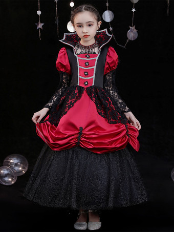 ハロウィン ポリエステル繊維ティーパーティー3/4長さスリーブポリエステルジャンプスーツゴシックレッドキッズロリータドレス