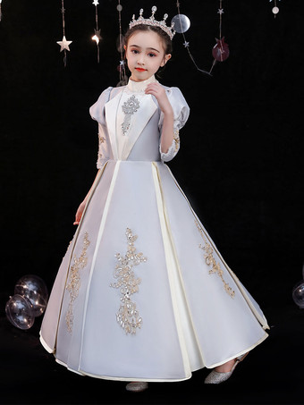 ポリエステル繊維ティーパーティー3/4長さスリーブポリエステルジャンプスーツゴシックシルバーキッズロリータドレス