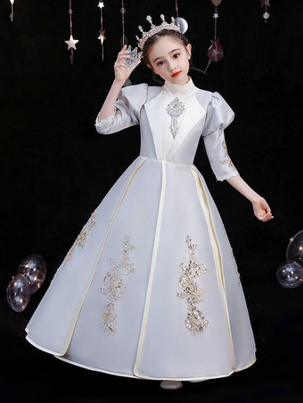 ポリエステル繊維ティーパーティー3/4長さスリーブポリエステルジャンプスーツゴシックシルバーキッズロリータドレス