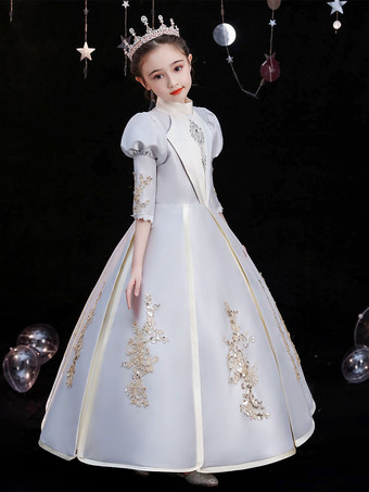 ポリエステル繊維ティーパーティー3/4長さスリーブポリエステルジャンプスーツゴシックシルバーキッズロリータドレス