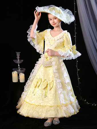 ポリエステルファイバーティーパーティーボウ3/4レングススリーブポリエステルジャンプスーツROCOCOスタイルブロンドキッズ 'ロリータドレス