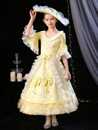 ポリエステルファイバーティーパーティーボウ3/4レングススリーブポリエステルジャンプスーツROCOCOスタイルブロンドキッズ 'ロリータドレス