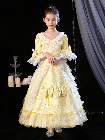 ポリエステルファイバーティーパーティーボウ3/4レングススリーブポリエステルジャンプスーツROCOCOスタイルブロンドキッズ 'ロリータドレス