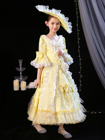 ポリエステルファイバーティーパーティーボウ3/4レングススリーブポリエステルジャンプスーツROCOCOスタイルブロンドキッズ 'ロリータドレス