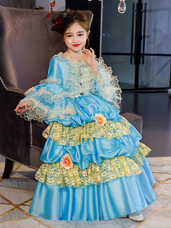 ポリエステルファイバーティーパーティーフリル3/4レングススリーブポリエステルドレスROCOCOスタイルブルーキッズ 'ロリータドレス