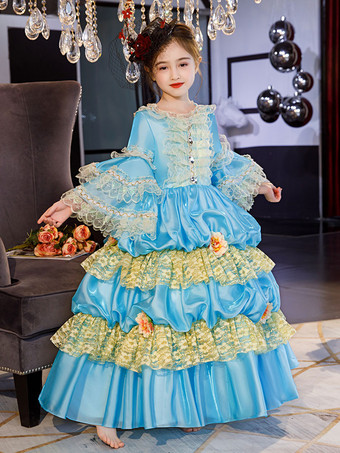 ポリエステルファイバーティーパーティーフリル3/4レングススリーブポリエステルドレスROCOCOスタイルブルーキッズ 'ロリータドレス