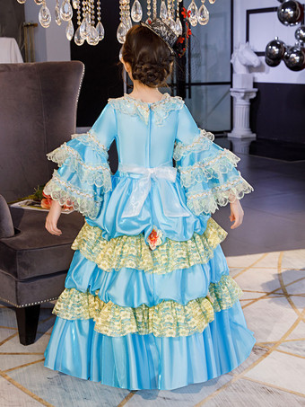 ポリエステルファイバーティーパーティーフリル3/4レングススリーブポリエステルドレスROCOCOスタイルブルーキッズ 'ロリータドレス