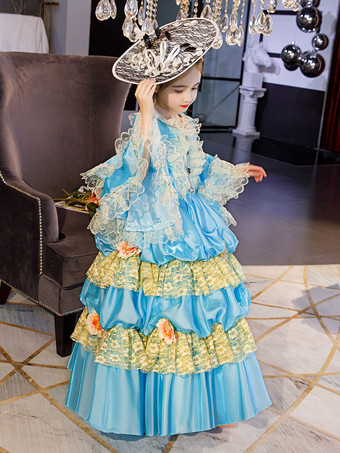 ポリエステルファイバーティーパーティーフリル3/4レングススリーブポリエステルドレスROCOCOスタイルブルーキッズ 'ロリータドレス
