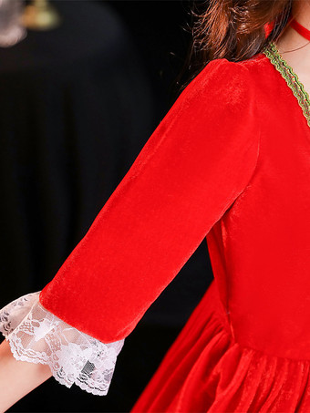 ポリエステルファイバーティーパーティーレース3/4レングススリーブポリエステルドレスゴシックレッドキッズ 'ロリータドレス