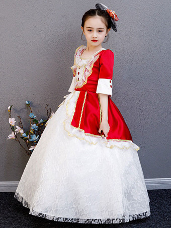 ポリエステルファイバーティーパーティーレース3/4レングススリーブポリエステルジャンプスーツROCOCOスタイルレッドキッズ 'ロリータドレス