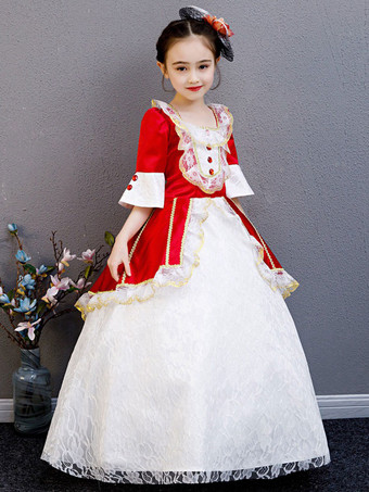 ポリエステルファイバーティーパーティーレース3/4レングススリーブポリエステルジャンプスーツROCOCOスタイルレッドキッズ 'ロリータドレス