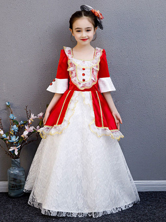 ポリエステルファイバーティーパーティーレース3/4レングススリーブポリエステルジャンプスーツROCOCOスタイルレッドキッズ 'ロリータドレス