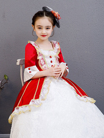 ポリエステルファイバーティーパーティーレース3/4レングススリーブポリエステルジャンプスーツROCOCOスタイルレッドキッズ 'ロリータドレス